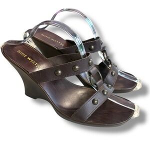 NINE WEST -  Brown Leather Strap Boho Box Wedge Heel  Sandal Mile Shoe  - Sz 10M